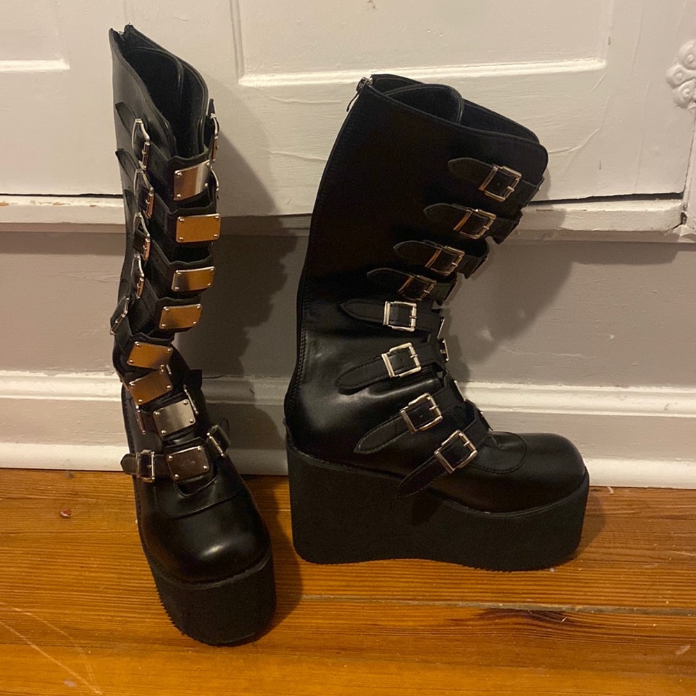 6-inch Black Emo Platform Boots with Silver Buckle Detail